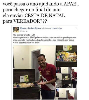 Era só cartão' diz vereador após agradecer à Apae pela 'maravilhosa cesta' via Facebook Era só cartão' diz vereador após agradecer à Apae pela 'maravilhosa cesta' via Facebook