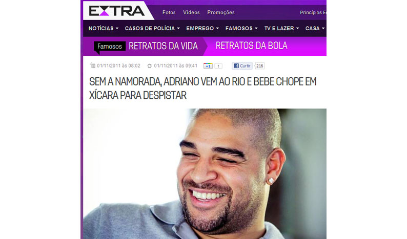 Adriano Imperador bebe chope em xÃ­cara no Rio &quot;pra despistar&quot;, diz jornal 