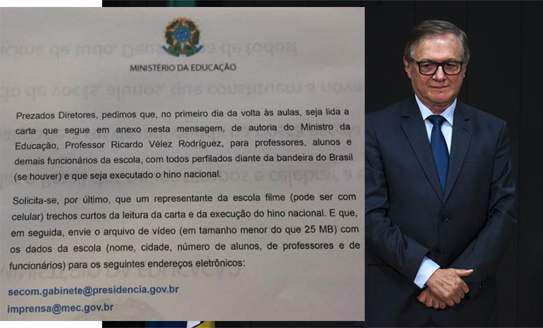 MEC pede Ã s escolas execuÃ§Ã£o do hino e leitura de texto com slogan de Bolsonaro