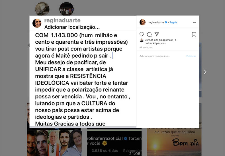 ApÃ³s reclamaÃ§Ãµes, Regina Duarte diz que vai tirar 'post com artistas' do Instagram