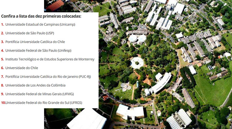 Unicamp lidera ranking das melhores universidades da AmÃ©rica Latina