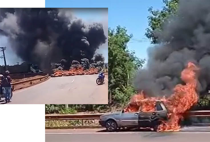 Carro pega fogo ao tentar furar bloqueio de pneus em chamas em rodovia de Dourados