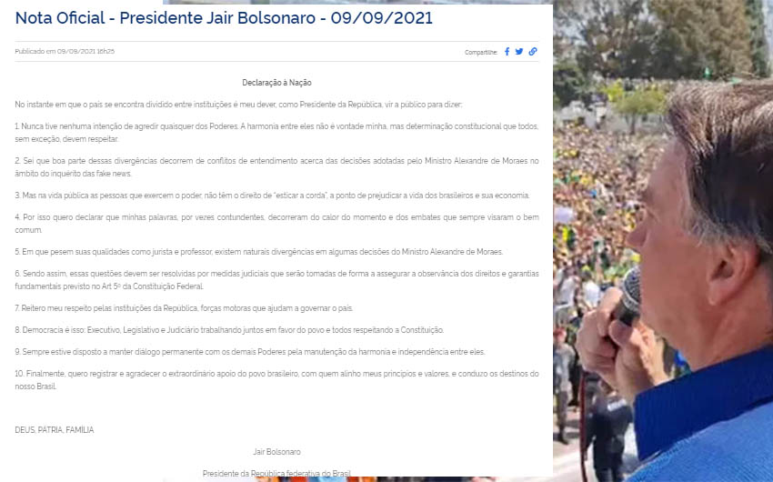 Bolsonaro recua e diz que ataques a Alexandre de Moraes foram 'no calor do momento'