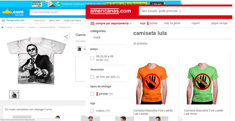 Lojas Americanas e Submarino vendiam camisetas prÃ³-Bolsonaro e 'Lula ladrÃ£o'