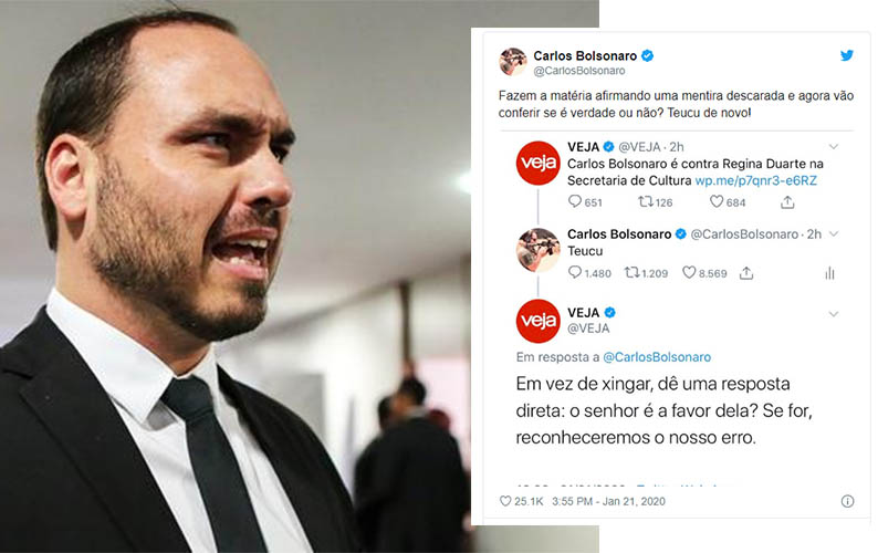 Veja diz que Carlos Bolsonaro Ã© contra Regina Duarte e ele rebate: 'Teu c*'