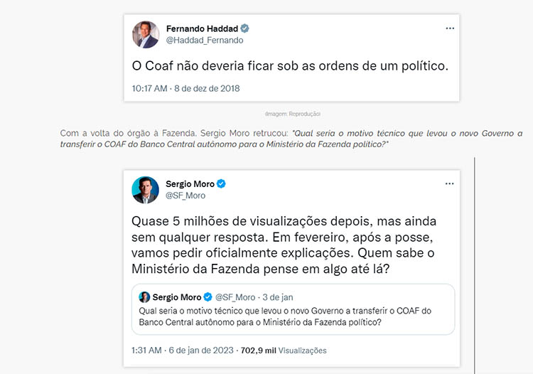 Coaf volta ao MinistÃ©rio da Fazenda e SÃ©rgio Moro rebate alfinetada de Haddad, de 2018