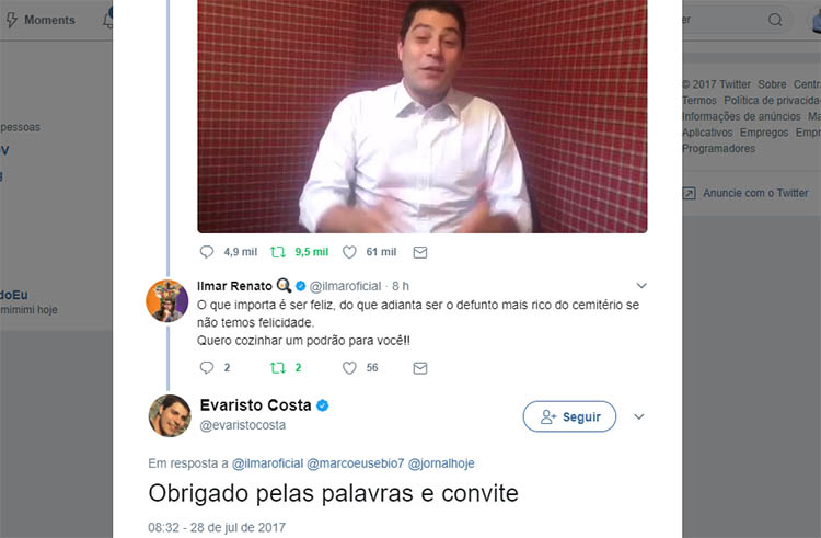 Evaristo Costa agradece mensagem de ex-BBB de MS sobre sua saÃ­da da TV Globo