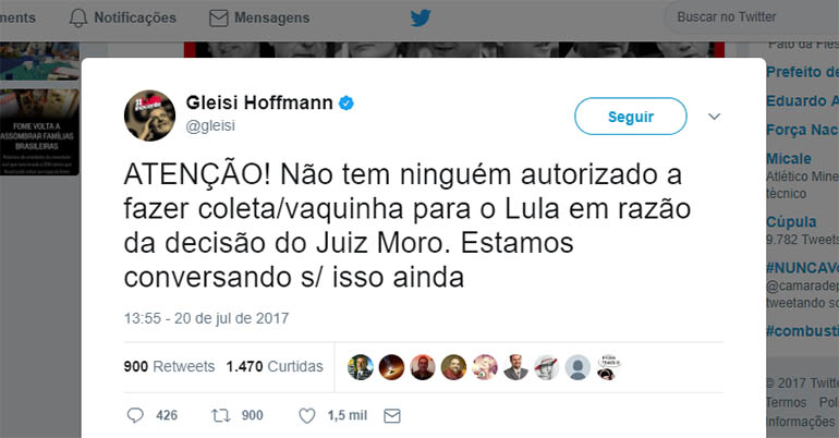 Gleisi veta, por enquanto, 'vaquinha' para ajudar Lula apÃ³s bloqueio de R$ 10 milhÃµes
