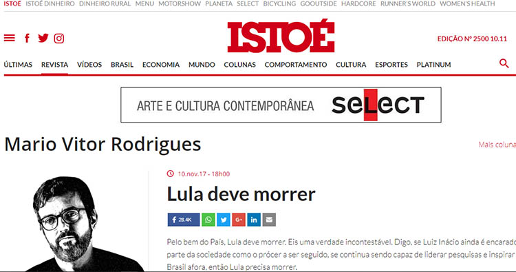 PT promete acionar a revista IstoÃ na JustiÃ§a apÃ³s artigo 'Lula deve morrer'