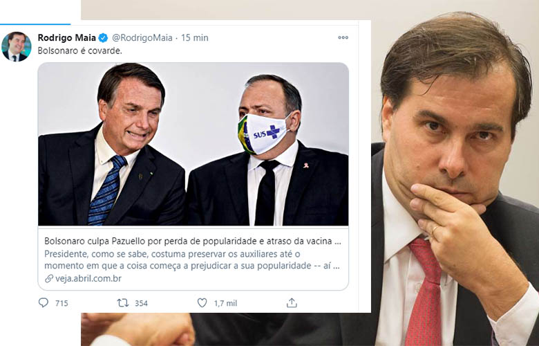 Rodrigo Maia posta link de matÃ©ria da Veja no Twitter e afirma: 'Bolsonaro Ã© covarde'