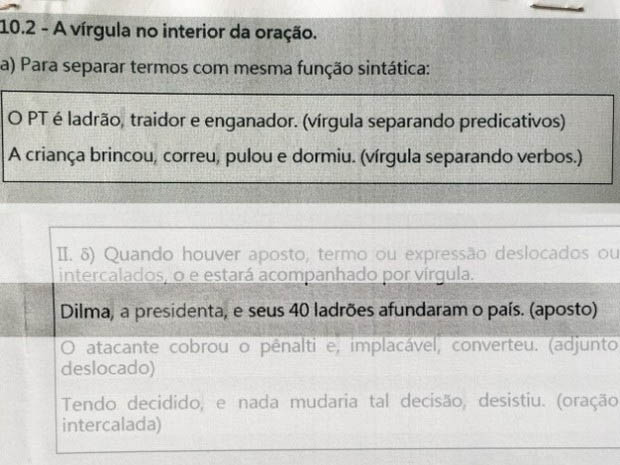 Apostila distribuÃ­da a alunos de escola municipal associa Dilma e o PT Ã  corrupÃ§Ã£o