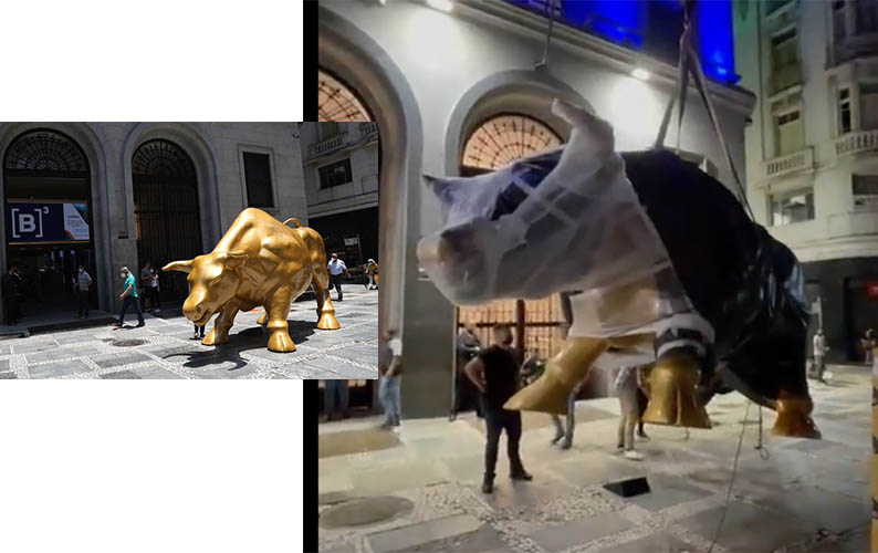 VÃ­deo mostra retirada do 'Touro de Ouro' da frente da Bolsa de Valores em SÃ£o Paulo