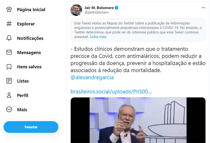 Twitter pÃµe alerta em post de Bolsonaro defendendo cloroquina contra covid